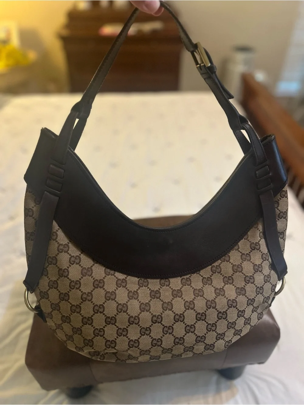 Rare & Authentic Vintage Gucci Beige Brown GG Canvas Crescent Hobo Bag